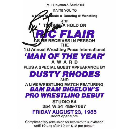 Ric Flair WWE Autographed Fanatics Authentic Original Studio 54 Man Of The Year Award Invitation from August 23, 1985 - Limited Edition of 99