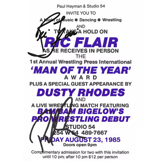 Paul Heyman & Ric Flair WWE Autographed Fanatics Authentic Original Studio 54 Man Of The Year Award Invitation from August 23, 1985 - Limited Edition of 50