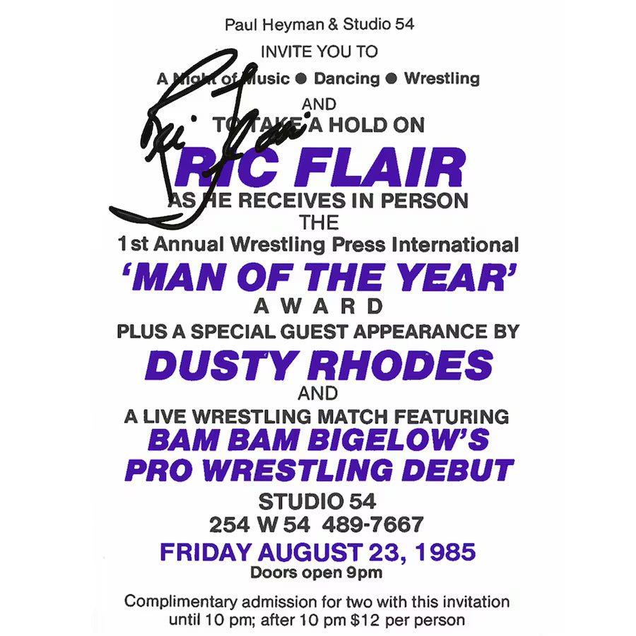 Ric Flair WWE Autographed Fanatics Authentic Original Studio 54 Man Of The Year Award Invitation from August 23, 1985 - Limited Edition of 99